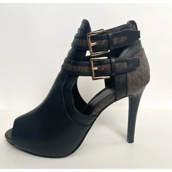 Michael Kors Women's Black Brown Logo Leather Open‑Toe Ankle Booties Size 7.5 - Picture 2 of 11